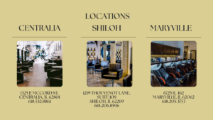 Graphic displaying three salon locations: Centralia, Shiloh, and Maryville, IL, with addresses and phone numbers listed below images of salon interiors. - Hollywood Hair Salon and Spa in Centralia, IL