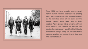 Four women walk confidently side by side outdoors. The text describes a women-owned salon business since 1994, emphasizing luxury, talent, and community as they expand to a fourth location. - Hollywood Hair Salon and Spa in Centralia, IL