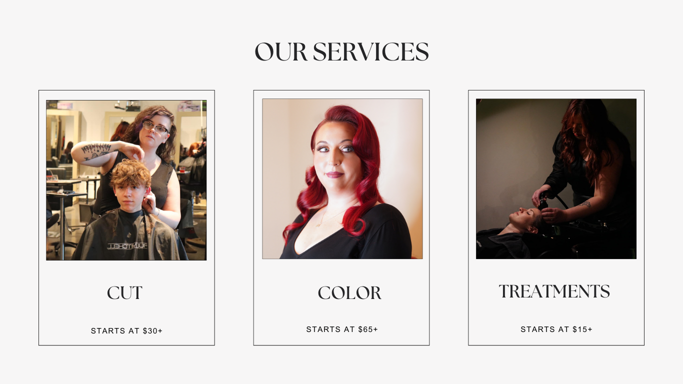 A salon services menu showing: "Cut" service starting at $30+, "Color" starting at $65+, and "Treatments" starting at $15+. - Hollywood Hair Salon and Spa in Centralia, IL