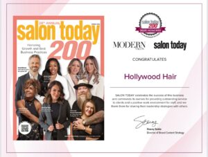 Salon Today 200 award certificate featuring a magazine cover with a group of people and congratulatory text, honoring Hollywood Hair among the top salons. - Hollywood Hair Salon and Spa in Centralia, IL