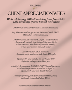 Promotional flyer listing special offers for Client Appreciation Week at Hollywood Hair Salon, including discounts on hair products, extensions, candles, and points rewards. - Hollywood Hair Salon and Spa in Centralia, IL