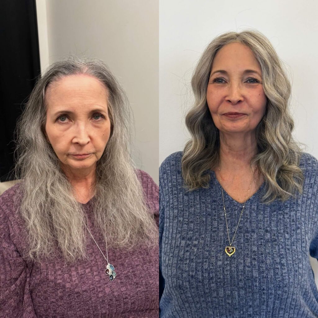 Side-by-side photos of an older woman before and after a hairstyle makeover, showing straight hair on the left and styled, wavy hair on the right. - Hollywood Hair Salon and Spa in Centralia, IL